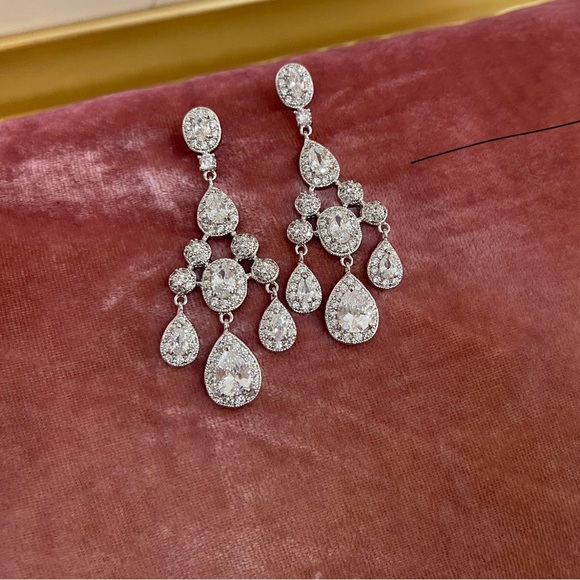 Dessy Cubic Zirconia Chandelier Drop Earrings - White Gold Tone - Picture 3 of 7